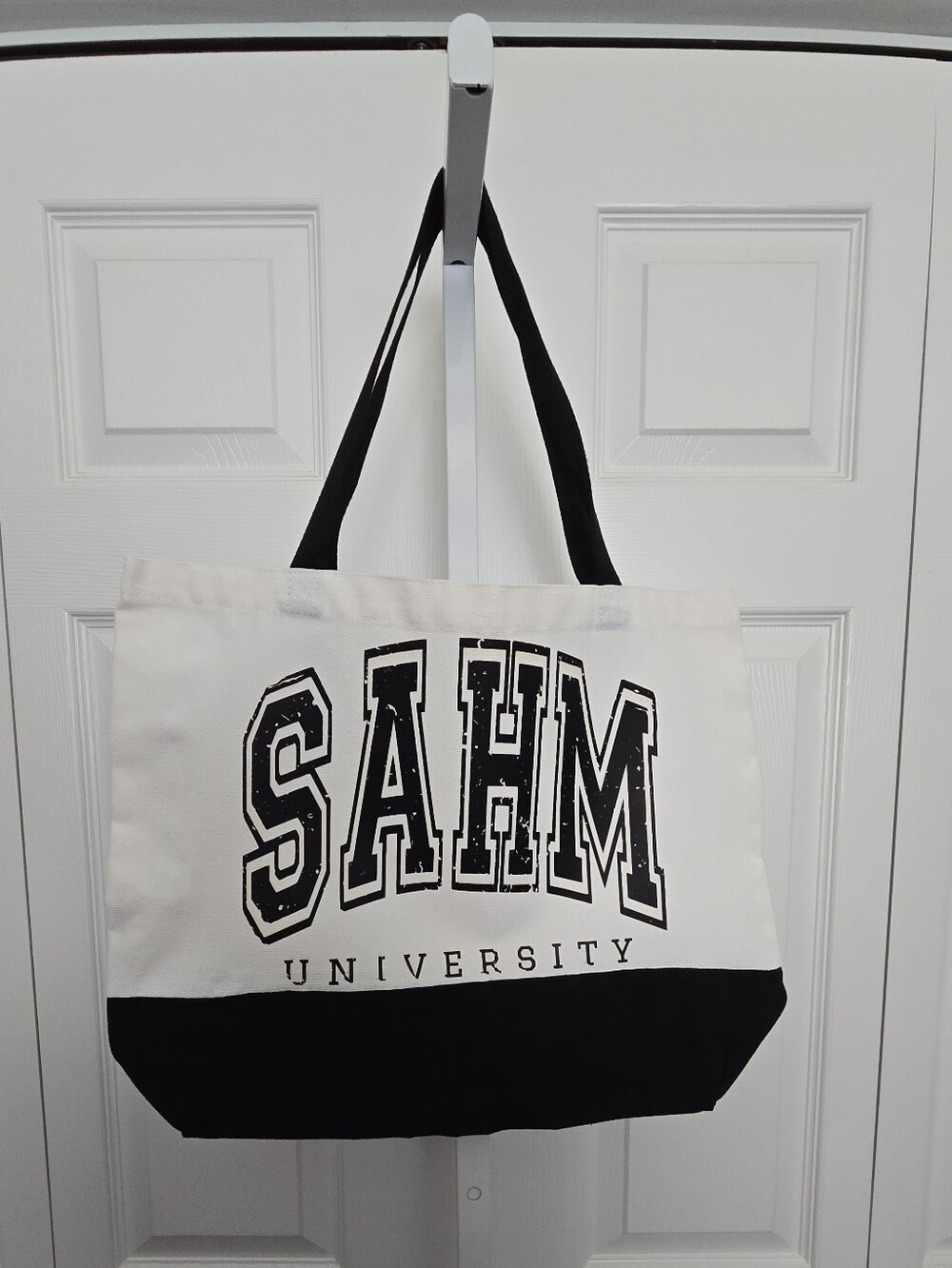 Custom SAHM University Canvas Tote Bag in Black & White